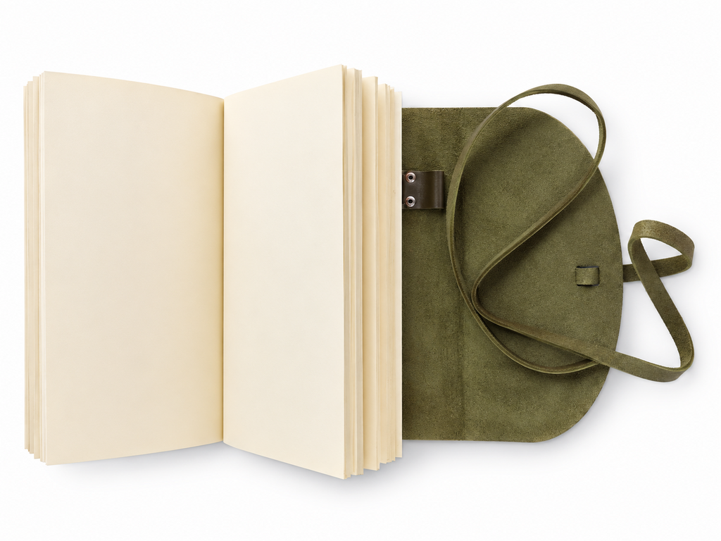 Olive leather journal open