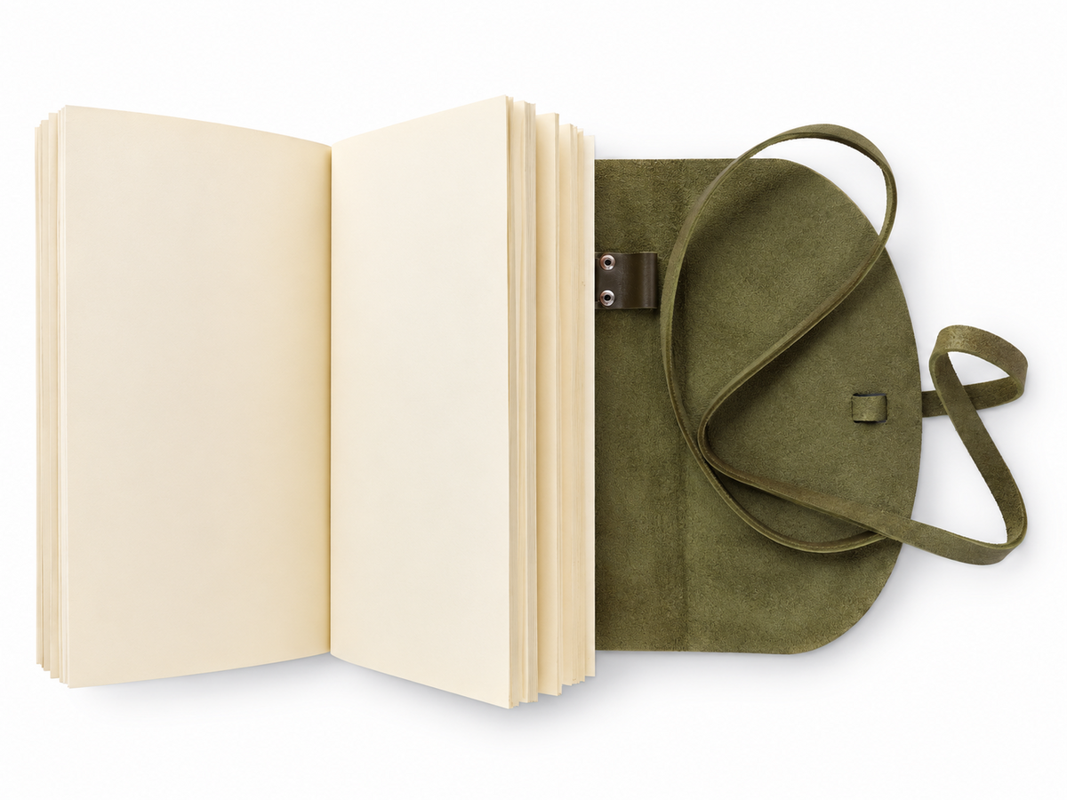 Olive leather journal open