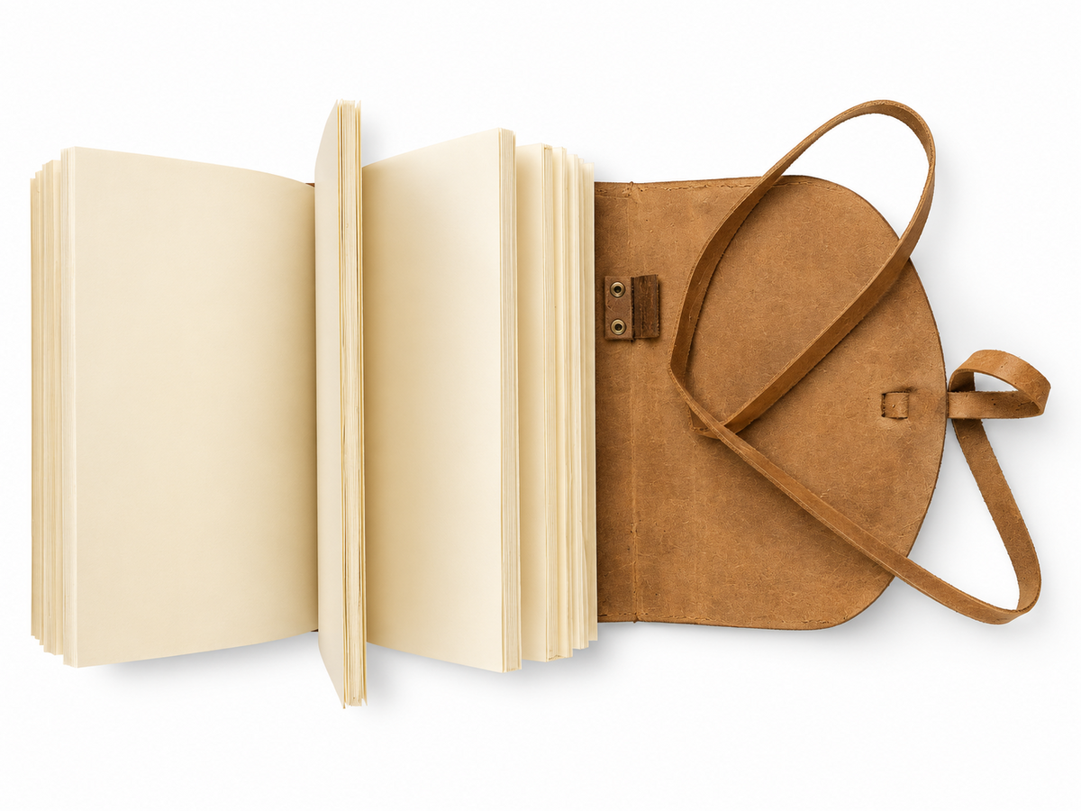 Tan leather journal open