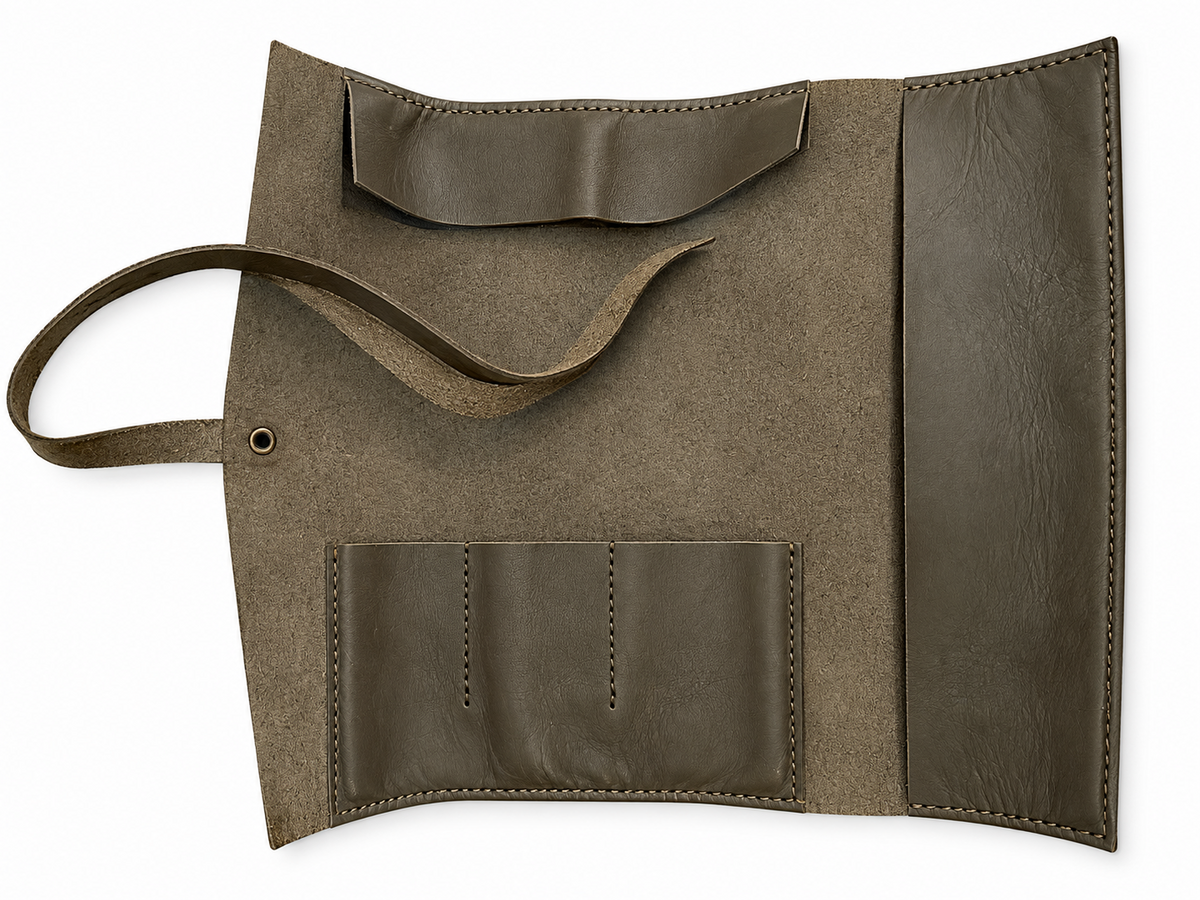 Grey leather organiser open