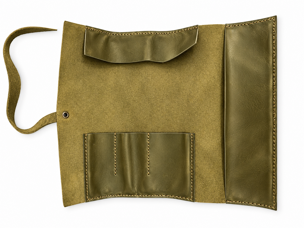Olive leather organiser open