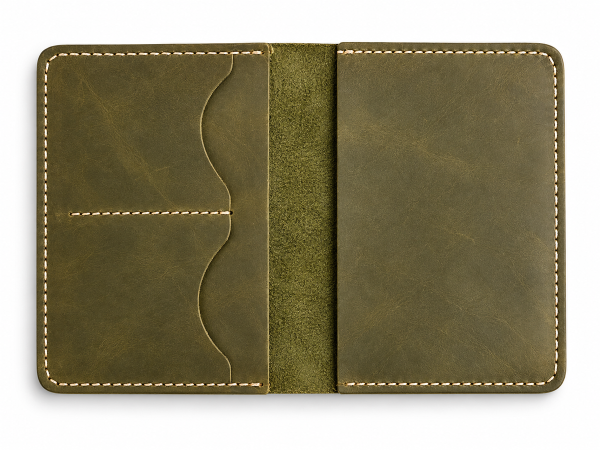 Olive leather passport cover open
